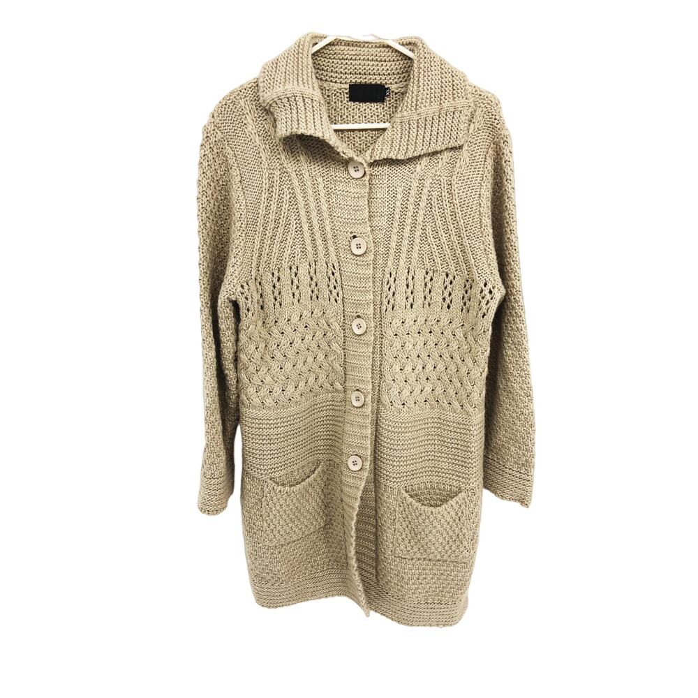 Mary Firenze Italy Beige Crochet Collared Sweater Front Button Size XL
